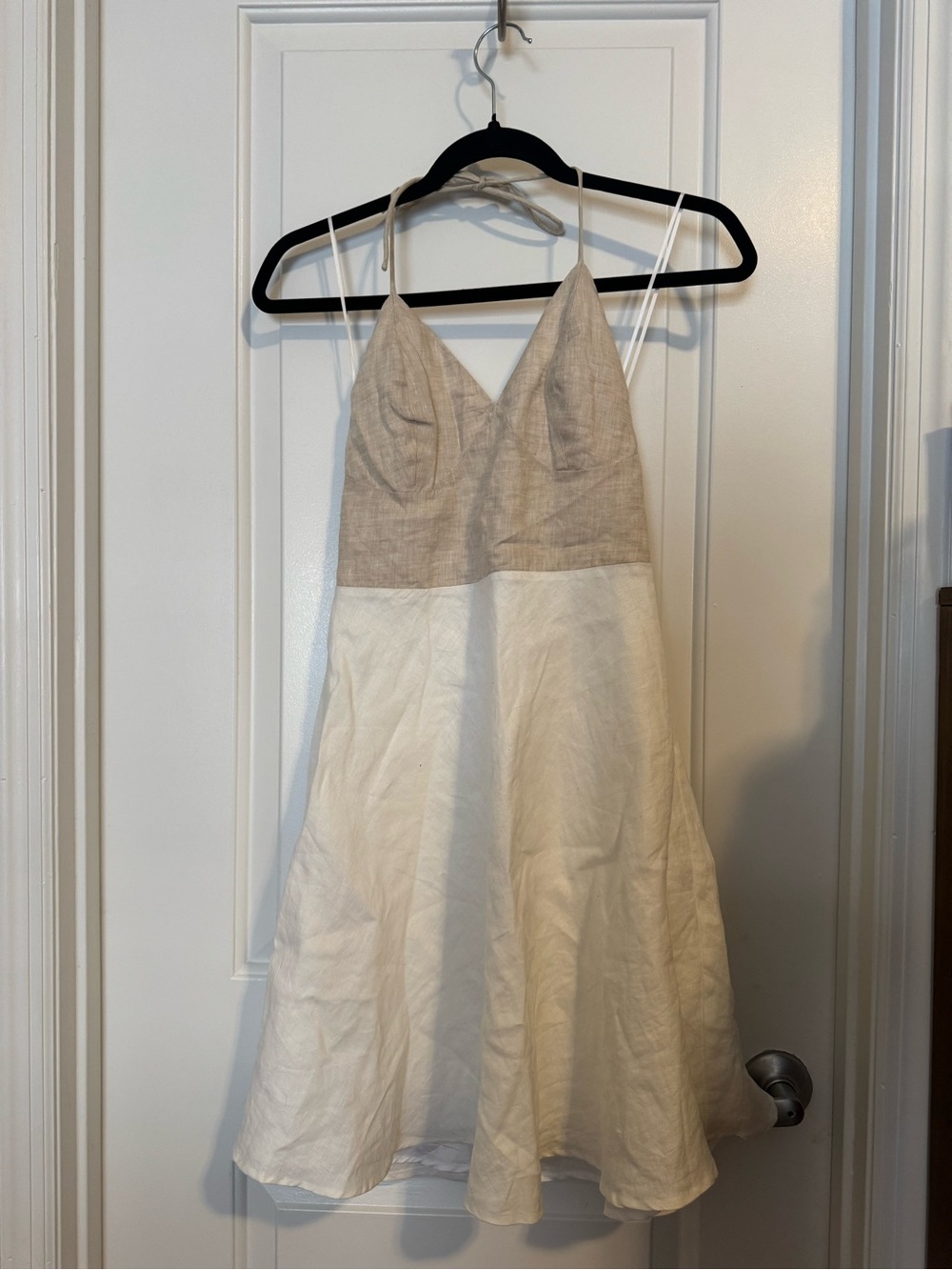 Linen-Blend Two-Tone Mini Dress in Beige and White